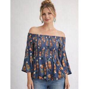 Rockin C Western Boot Smocked Peasant Bell Sleeve Top M